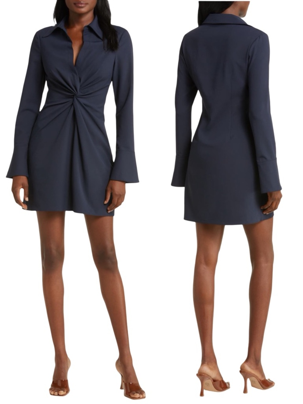 Cinq a Sept McKenna Twist Front Long Sleeve Mini Shirt Dress Size 4 Navy